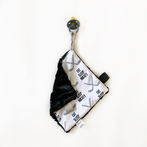 Pacifier Lovey - Eat Sleep Hockey Sticks on White - Dotboxed