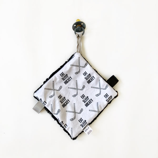 Pacifier Lovey - Eat Sleep Hockey Sticks on White - Dotboxed