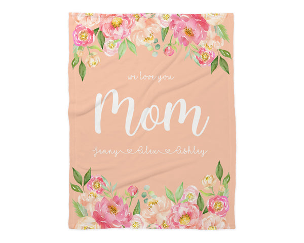 Family Name Minky Blanket - Peony Frame Floral on Peach *Single Layer