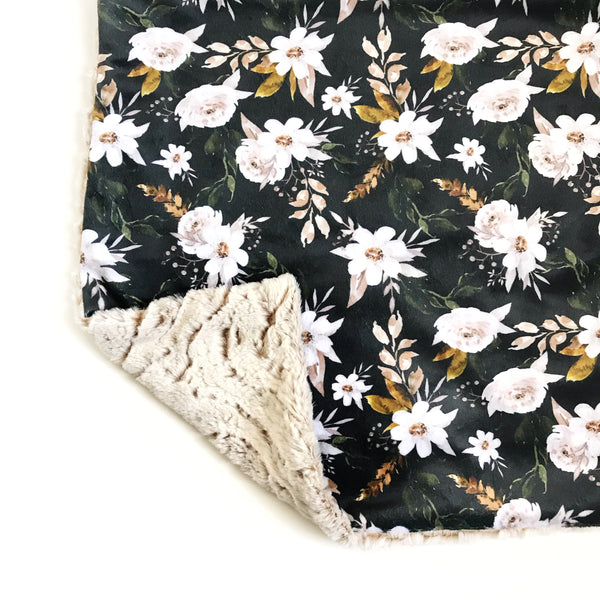 Minky Blanket - Caramel and Olive Floral on Black - Dotboxed