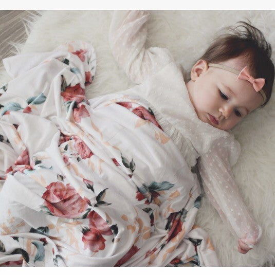 Mauve Floral - swaddle - BLANKET + TIED KNOT BEANIE - Dotboxed
