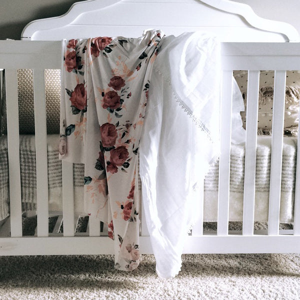 Mauve Floral - swaddle - BLANKET + TIED KNOT BEANIE - Dotboxed