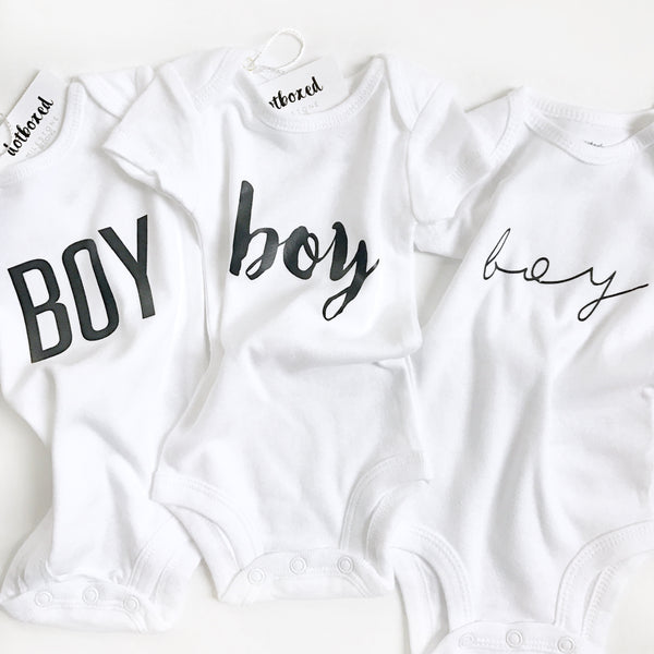 Boy Gender Reveal  (handwritten font)- BODYSUIT - wholesale - Dotboxed