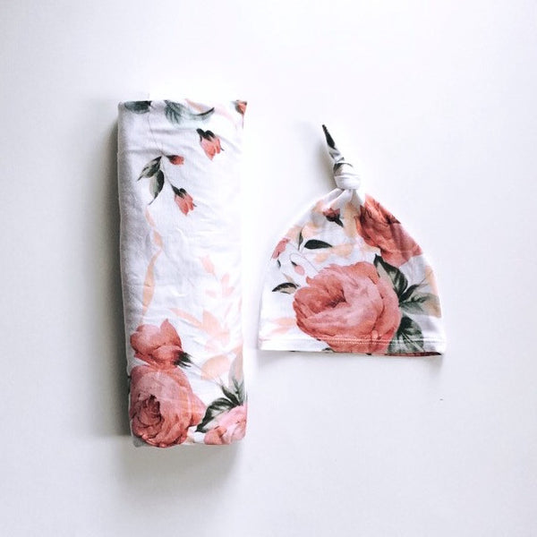 Mauve Floral - swaddle - BLANKET + TIED KNOT BEANIE - Dotboxed